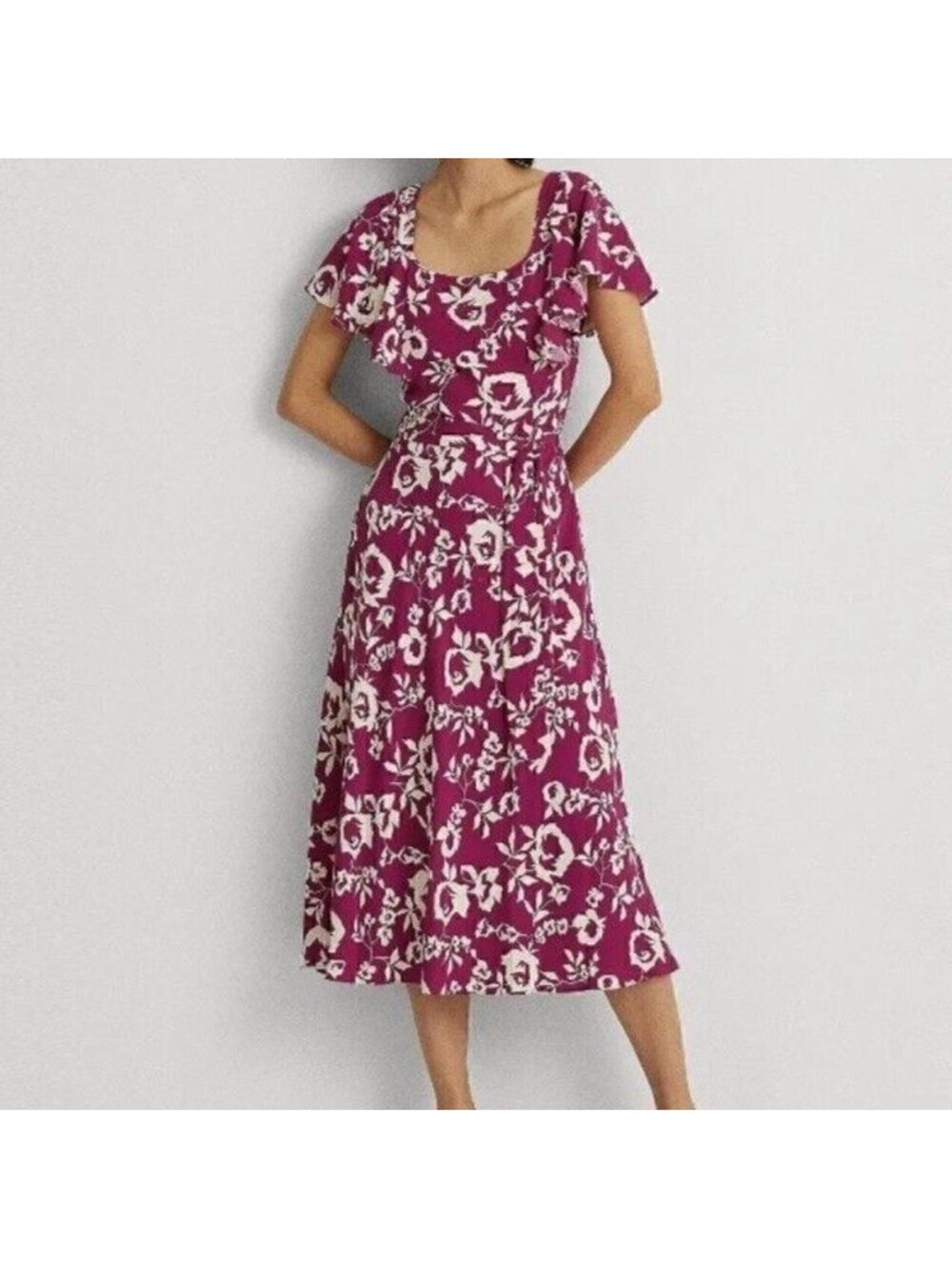 Lauren Ralph Lauren Floral Midi Dress in Magenta and White